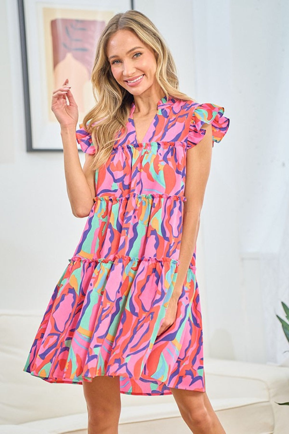 First Love Full Size Printed Ruffle Cap Sleeve Tiered Dress