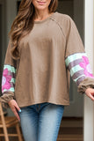 Plus Size Flower Round Neck Long Sleeve Blouse