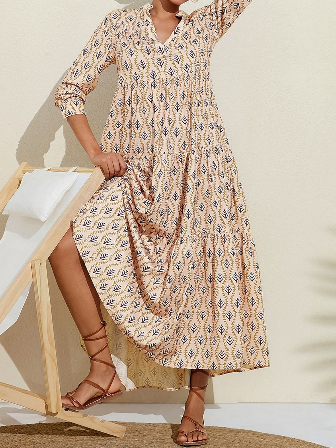 Printed Notched Long Sleeve Midi Dress