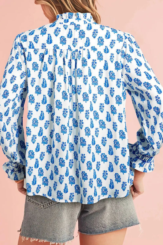 Frill Printed Button Up Long Sleeve Shirt