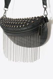 PU Leather Studded Sling Bag with Fringes