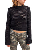 Openwork Round Neck Long Sleeve Knit Top