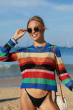 Rainbow Stripe Openwork Long Sleeve Cover-Up