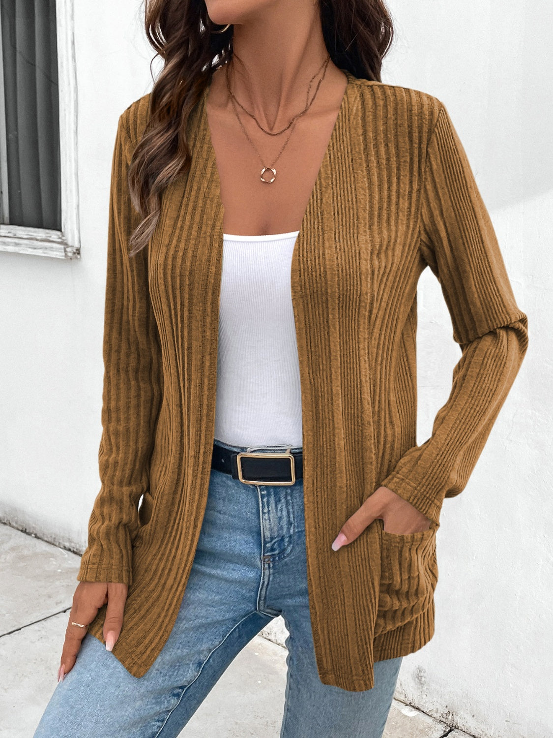 Pocketed Open Front Long Sleeve Cardigan