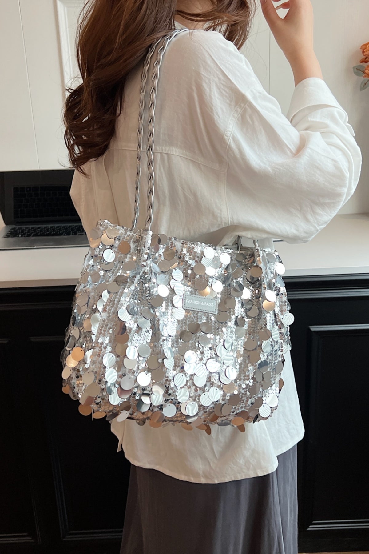 Sequin Braided Strap Shoulder Bag