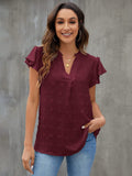 Swiss Dot Notched Flutter Sleeve Blouse