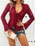 Tied V-Neck Long Sleeve Lace Top