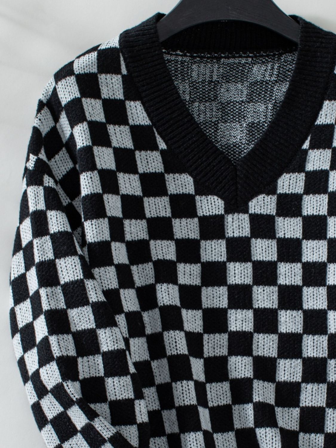 Checkered V-Neck Dropped Shoulder Sweater