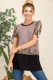 Celeste Full Size Open Tie Sleeve Leopard Color Blocked Top