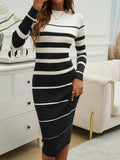 Color Block Round Neck Long Sleeve Midi Dress