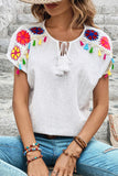 Tassel Tie Neck Short Sleeve Blouse