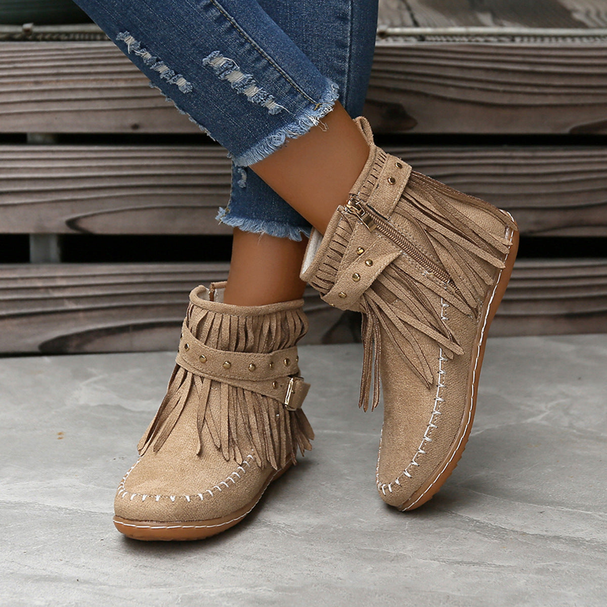 Studded Fringe Round Toe Boots