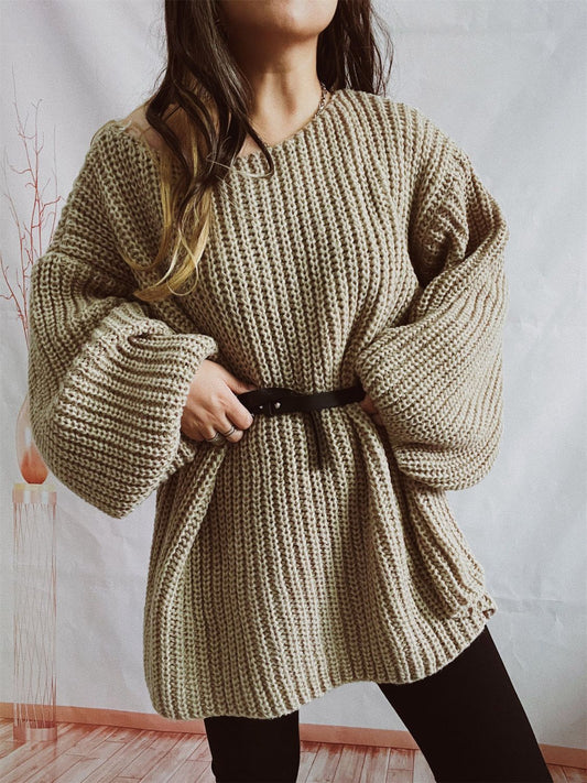 Boat Neck Long Sleeve Sweater with Belt