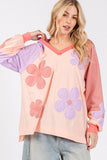 SAGE + FIG Full Size Daisy Applique Patch Color Block Long Sleeve Top