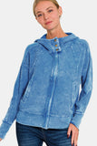 Zenana Washed Zip Up Hooded Jacket