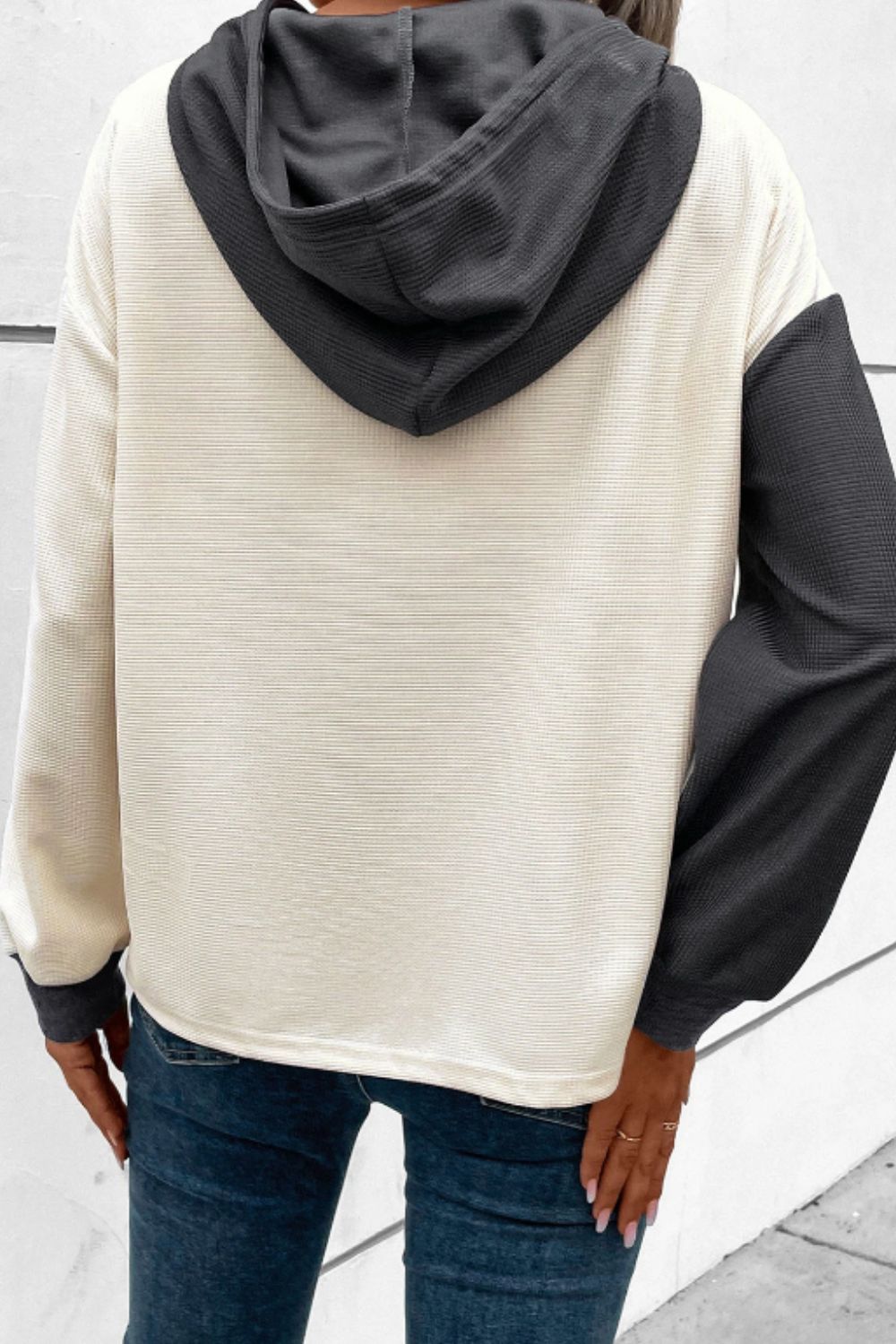 Waffle-Knit Two-Tone Long Sleeve Hoodie