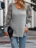 Slit Round Neck Lace Long Sleeve T-Shirt