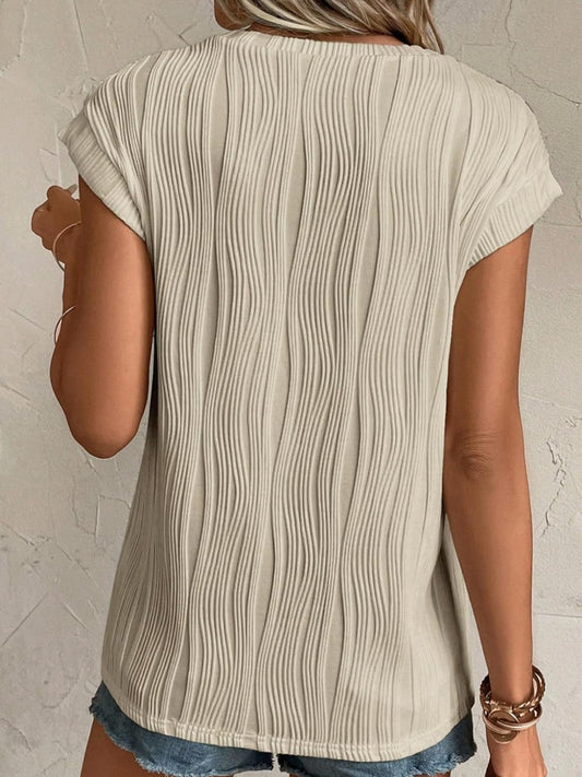 Textured Round Neck Cap Sleeve T-Shirt