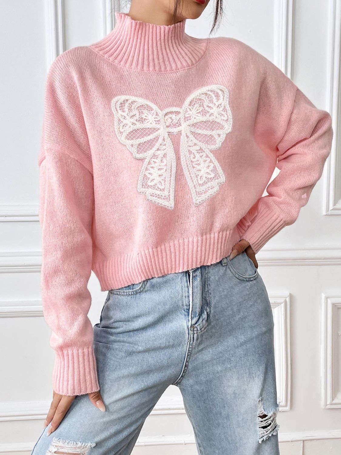 Bow Turtleneck Long Sleeve Sweater