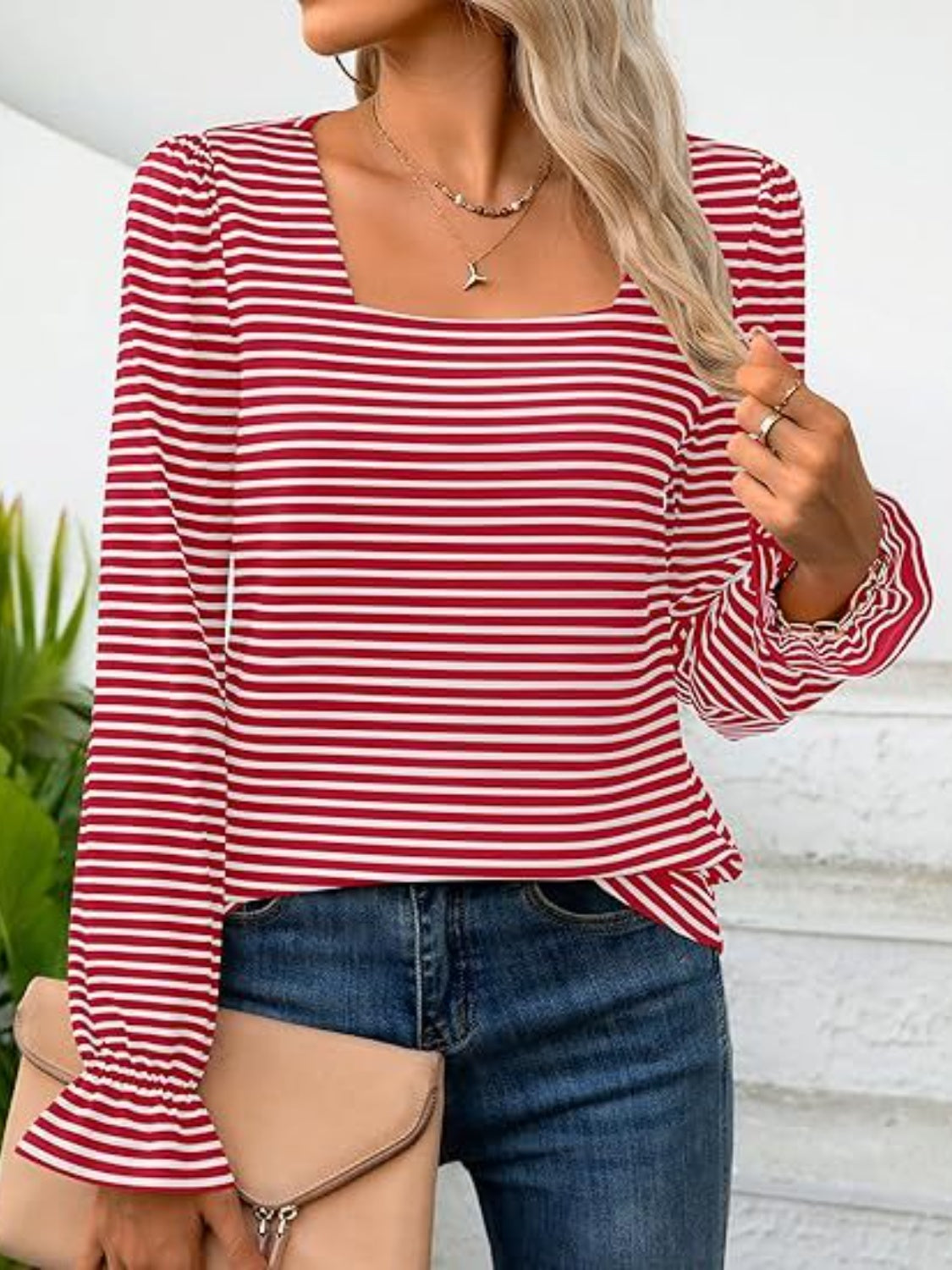 Striped Square Neck Flounce Sleeve Top