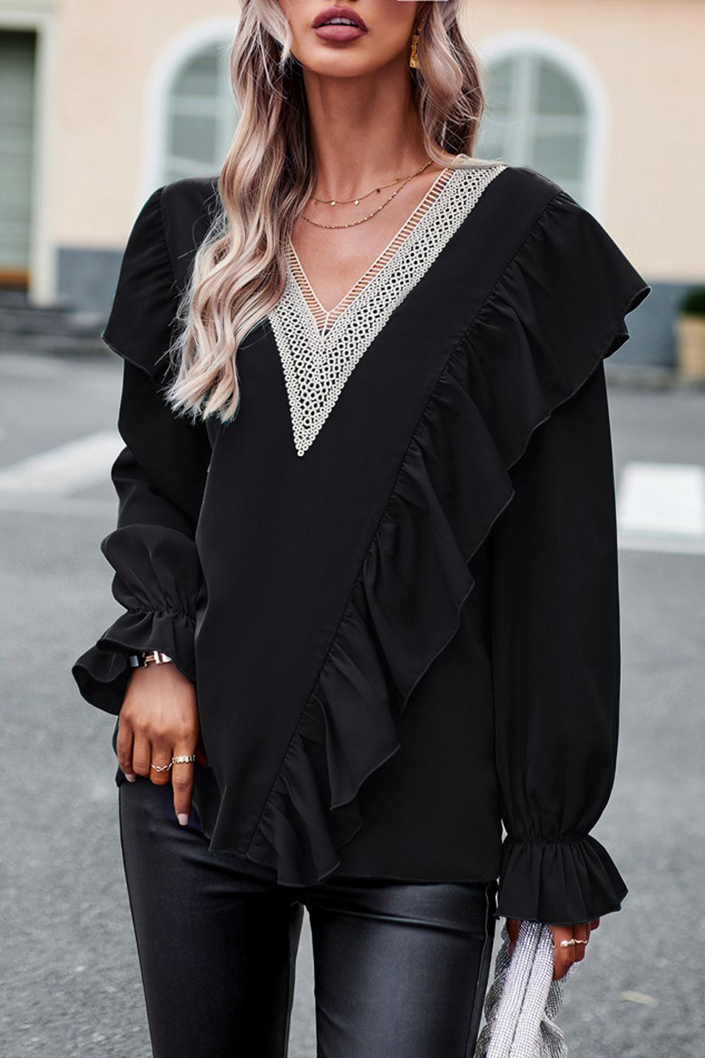 V-Neck Flounce Sleeve Ruffle Trim Blouse