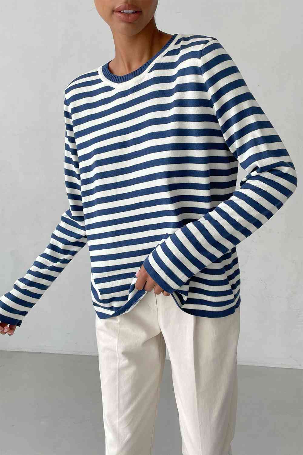 Striped Round Neck Long Sleeve Sweater