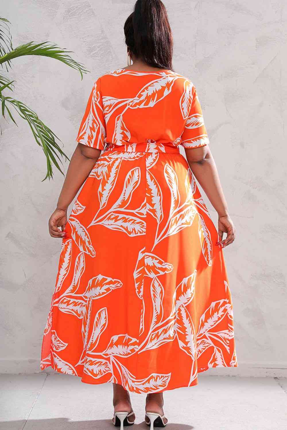 Plus Size Printed Surplice Short Sleeve Maxi Dress