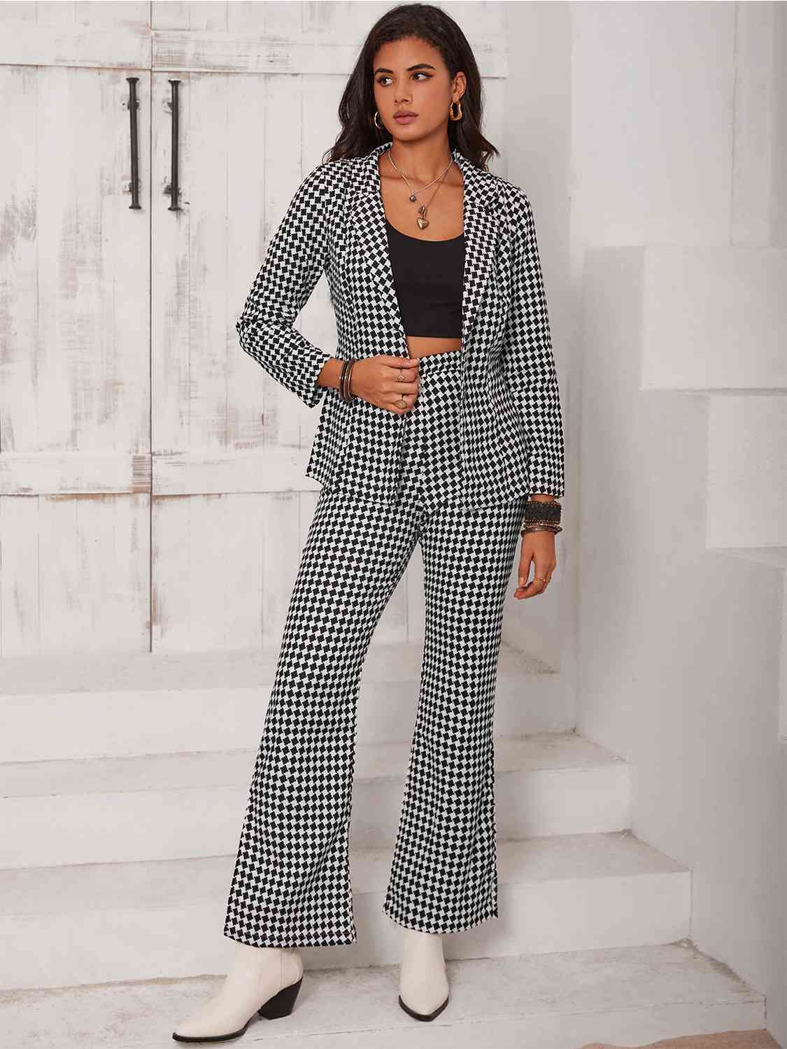 Checkered Blazer & Slit Pants Set