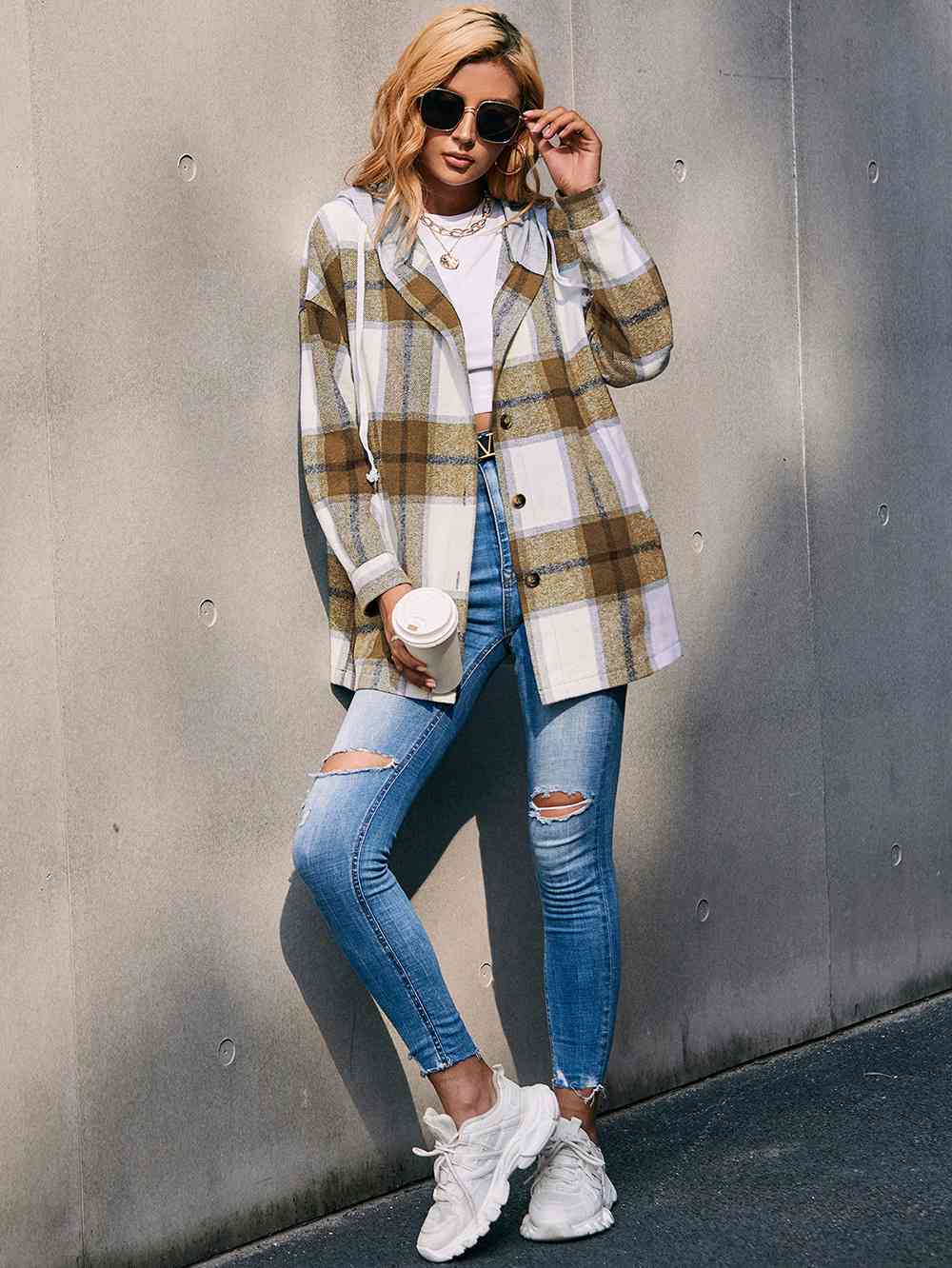 Plaid Dropped Shoulder Hooded Jacket