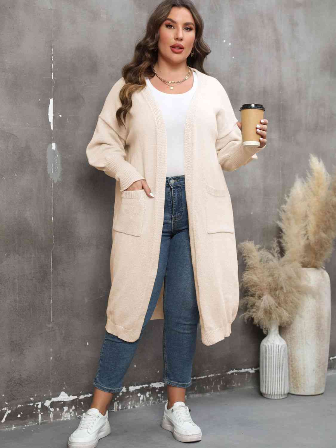 Plus Size Long Sleeve Pocketed Cardigan