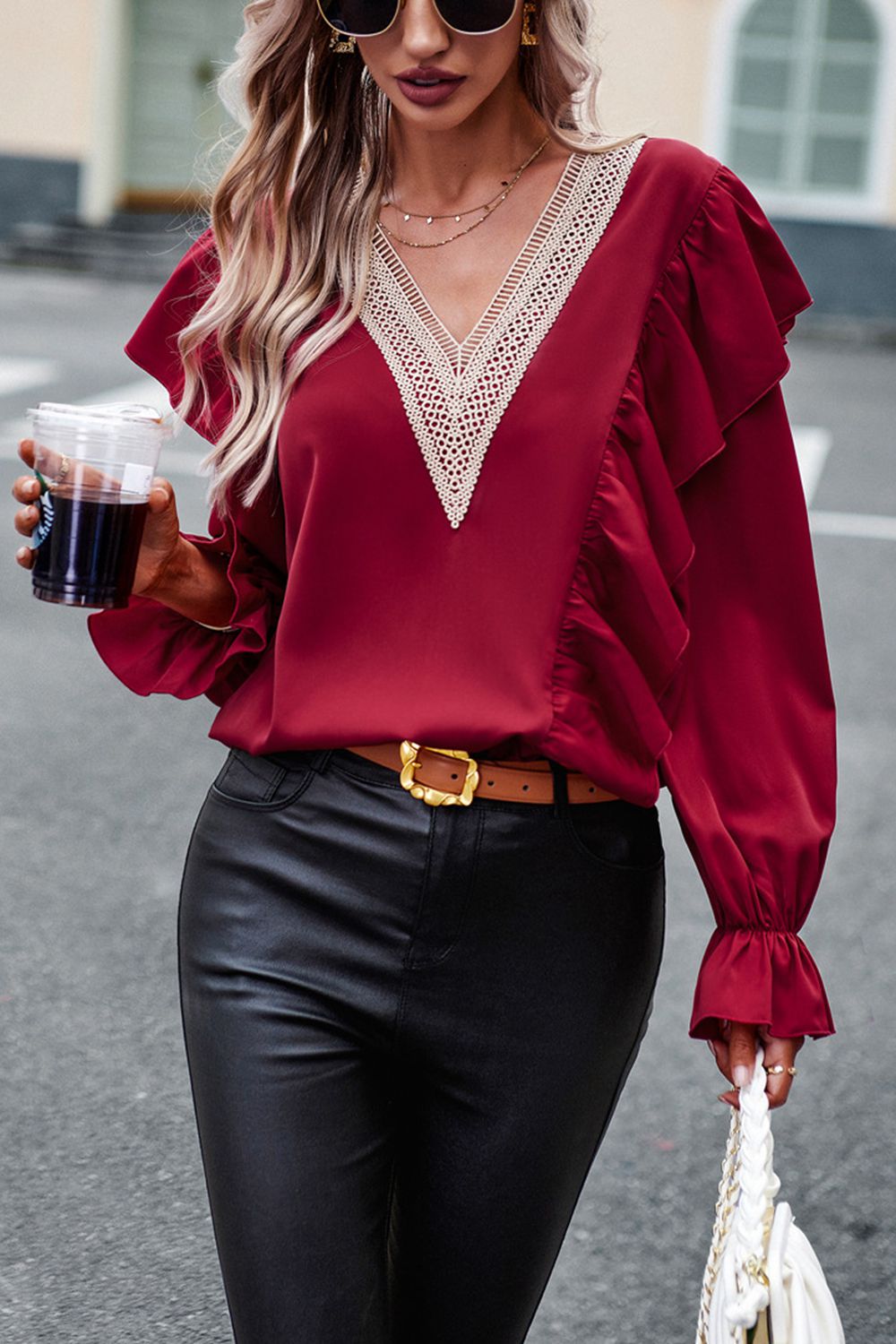 V-Neck Flounce Sleeve Ruffle Trim Blouse