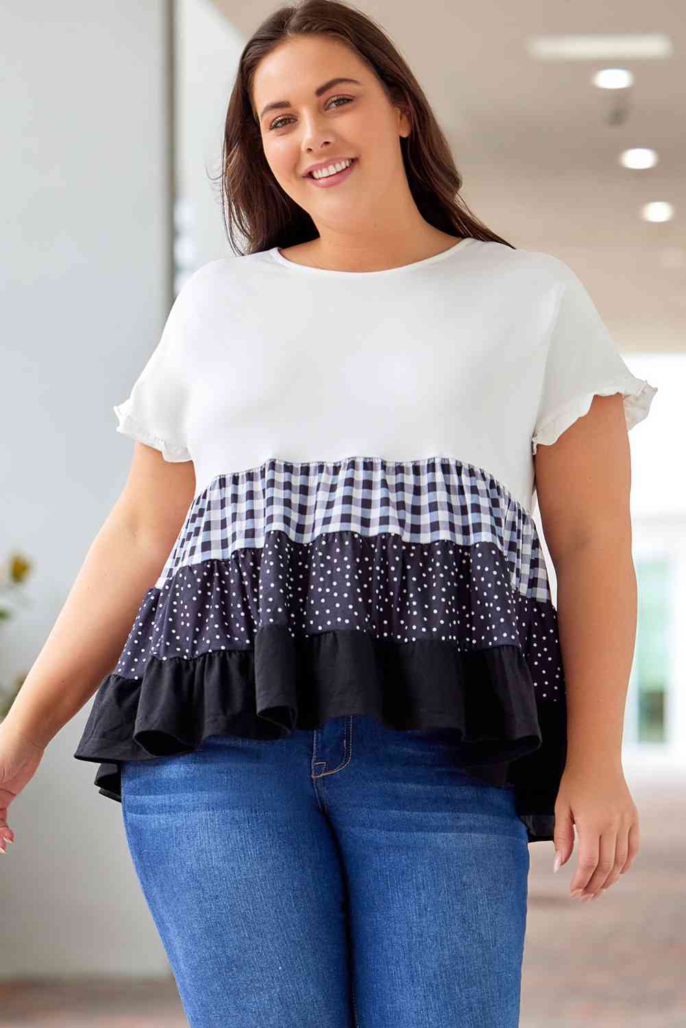 Plus Size Plaid Color Block Tiered Blouse