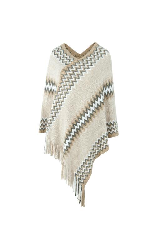 Fringe Hem Striped Cape Sleeve Poncho