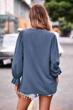 Swiss Dot Notched Neck Flounce Sleeve Blouse