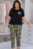 Plus Size Contrast Round Neck Tee and Floral Pants Lounge Set