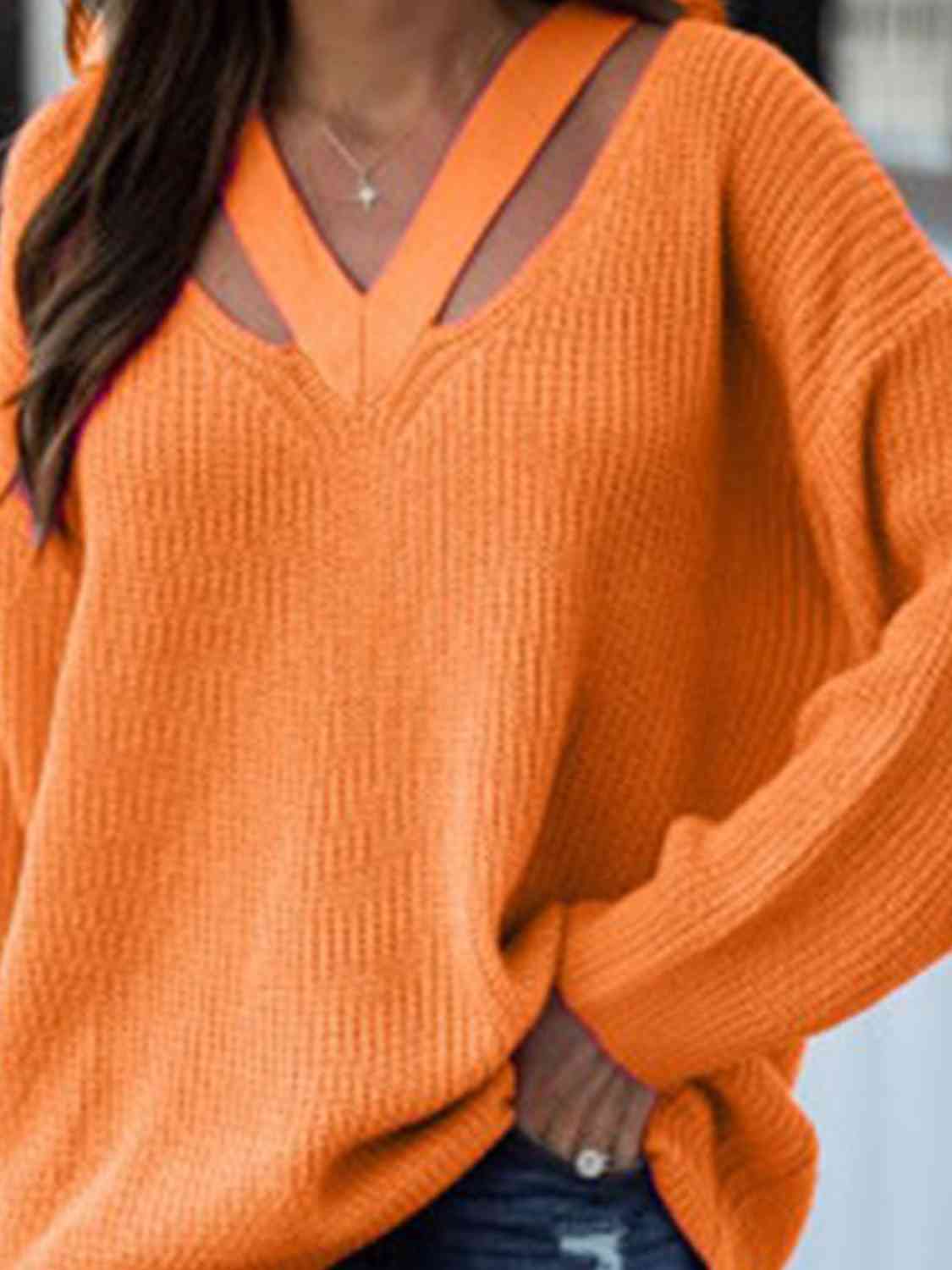 Full Size Cutout V-Neck Rib-Knit Sweater