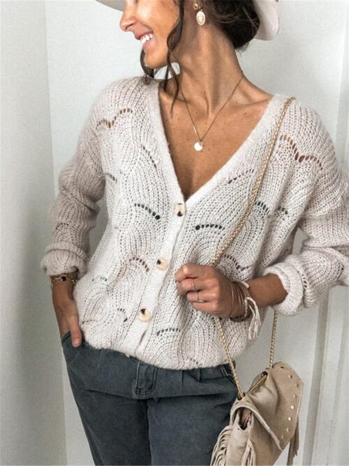 Openwork Button Up Long Sleeve Cardigan