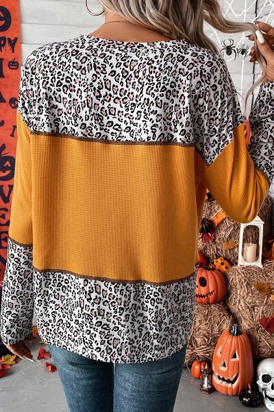 Leopard Waffle-knit Long Sleeve T-Shirt