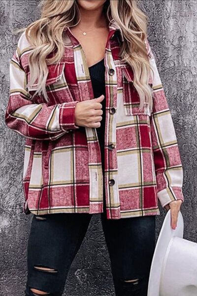 Plaid Pocketed Dropped Shoulder Coat