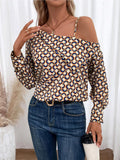 Printed Asymmetrical Neck Long Sleeve Top