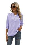 Swiss Dot Notched Neck Three-Quarter Sleeve Blouse