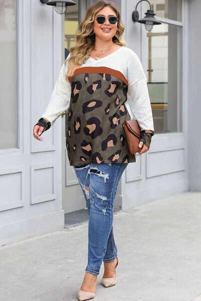 Plus Size Leopard V-Neck Dropped Shoulder T-Shirt