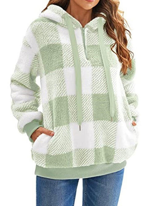 Plaid Half Zip Drawstring Hoodie