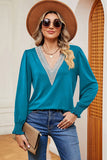 Lace Detail V-Neck Lantern Sleeve T-Shirt