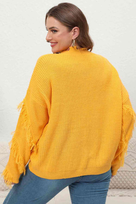 Plus Size Fringe V-Neck Long Sleeve Sweater