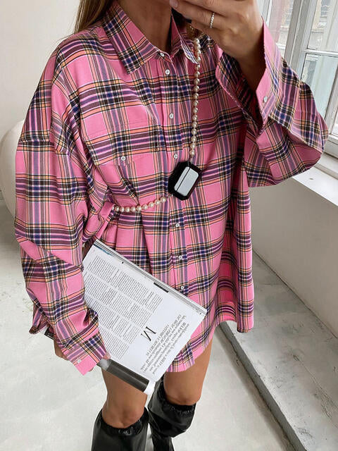 Plaid Collared Neck Long Sleeve Shirt