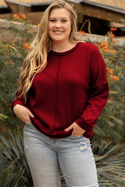 Plus Size Exposed Seam Waffle-Knit High-Low Sweatshirt