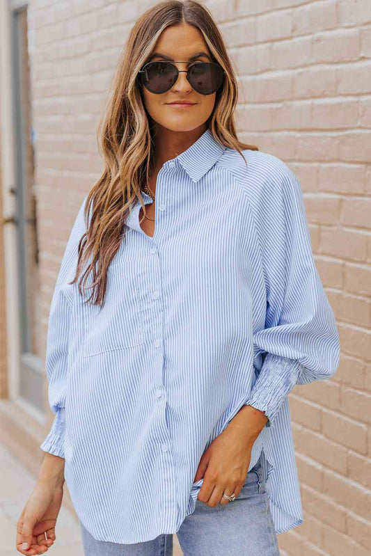 Striped Lantern Sleeve Collared Shirt