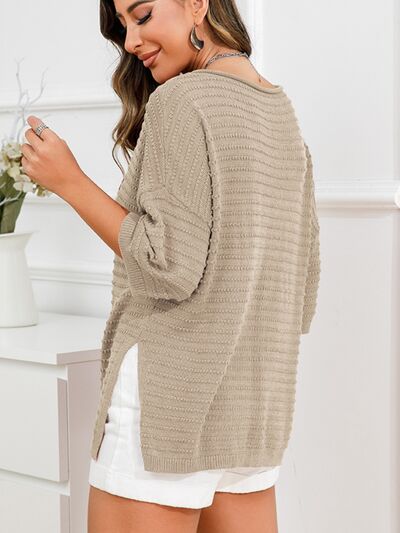 Rolled Round Neck Dropped Shoulder Slit Sweater