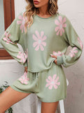 Floral Print Raglan Sleeve Knit Top and Tie Front Sweater Shorts Set